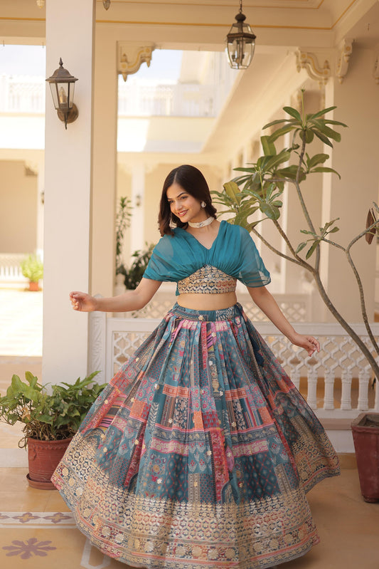 Trendy Digital Printed Silk Purple, Orange And Sky Color Lehenga