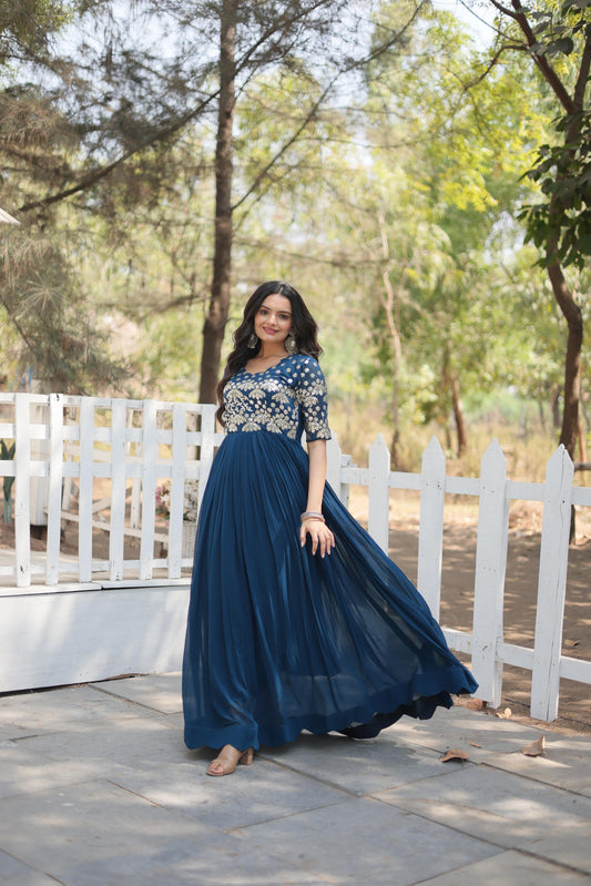Superhit Zari Sequence Work Teal Blue And Red Color Gown