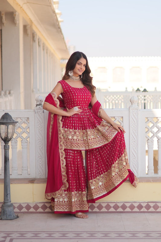 Unique Faux Georgette Purple & Pink Color Top With Sharara Suit