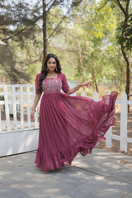 Fancy Square Neck Pink And Orange Color Georgette Gown