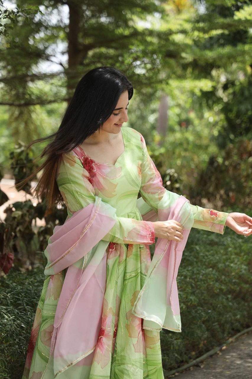 Nidhi's Pista Color Musalin Anarkali Suit Set