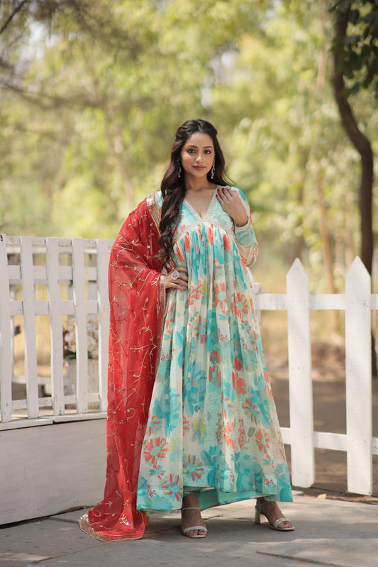 Festive Wear V Neck Pink And Sky Color Gown Contrast Dupatta