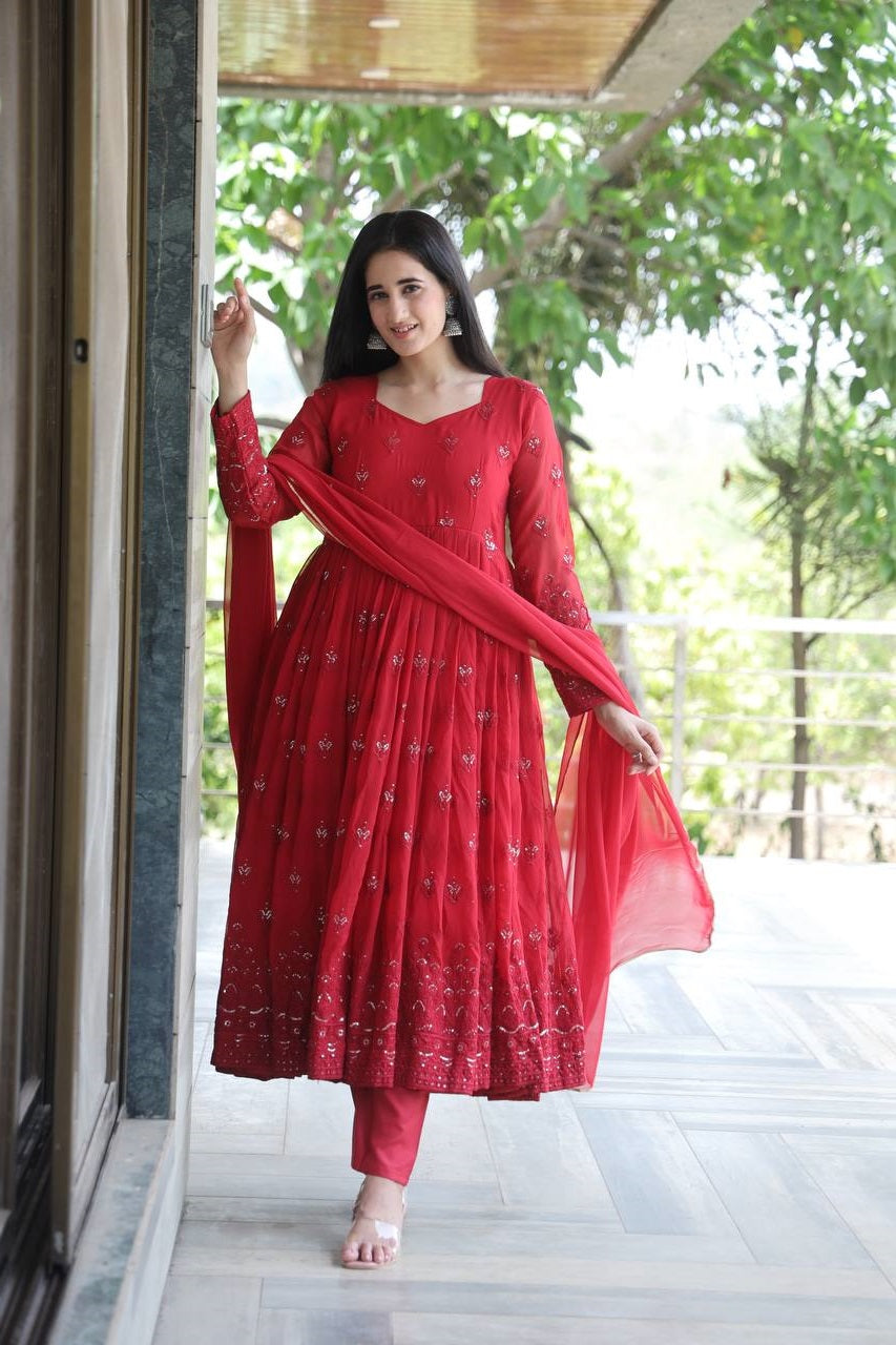 Celebrity Style Maroon Color Georgette Anarkali Suit Set