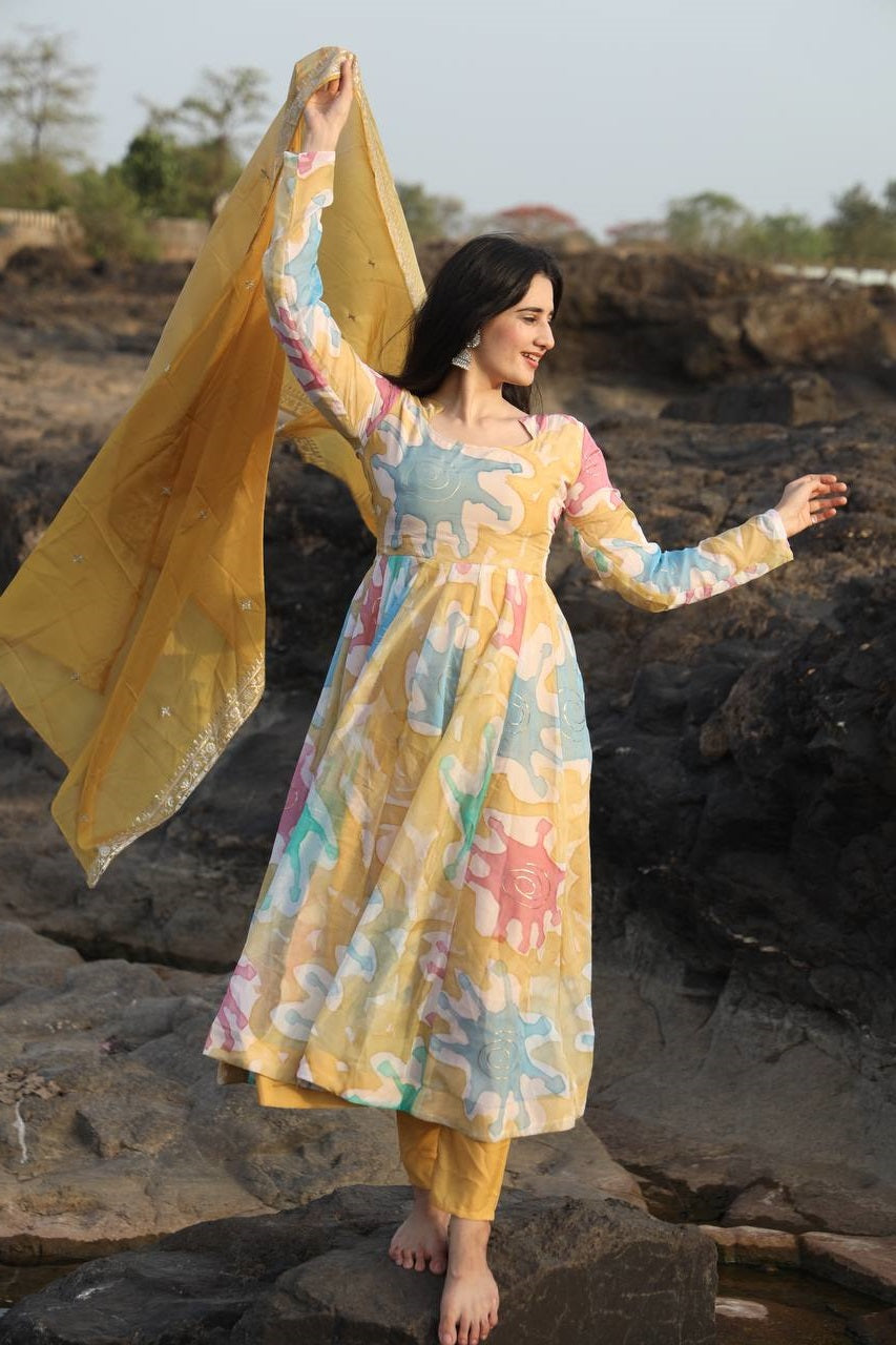 Awesome Multi Color Hand Print Embroidery Anarkali Suit Set