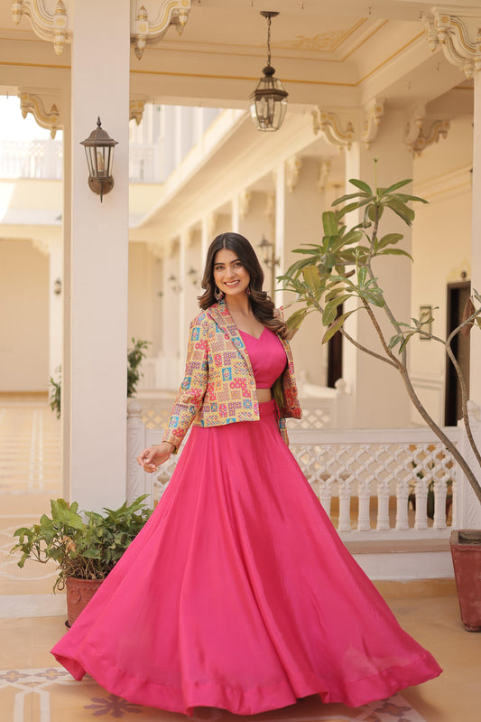 Pretty Chinnon Purple, Pink And Blue Color Lehenga Choli With Koti