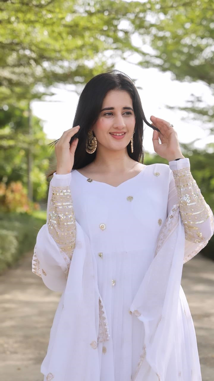 Classic White Color Georgette Sequins Embroidery Anarkali Suit Set