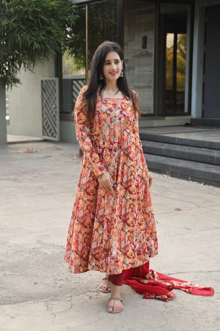 Delightful Muslin Digital Print Orange Multi Anarkali Suit Set TD-6029