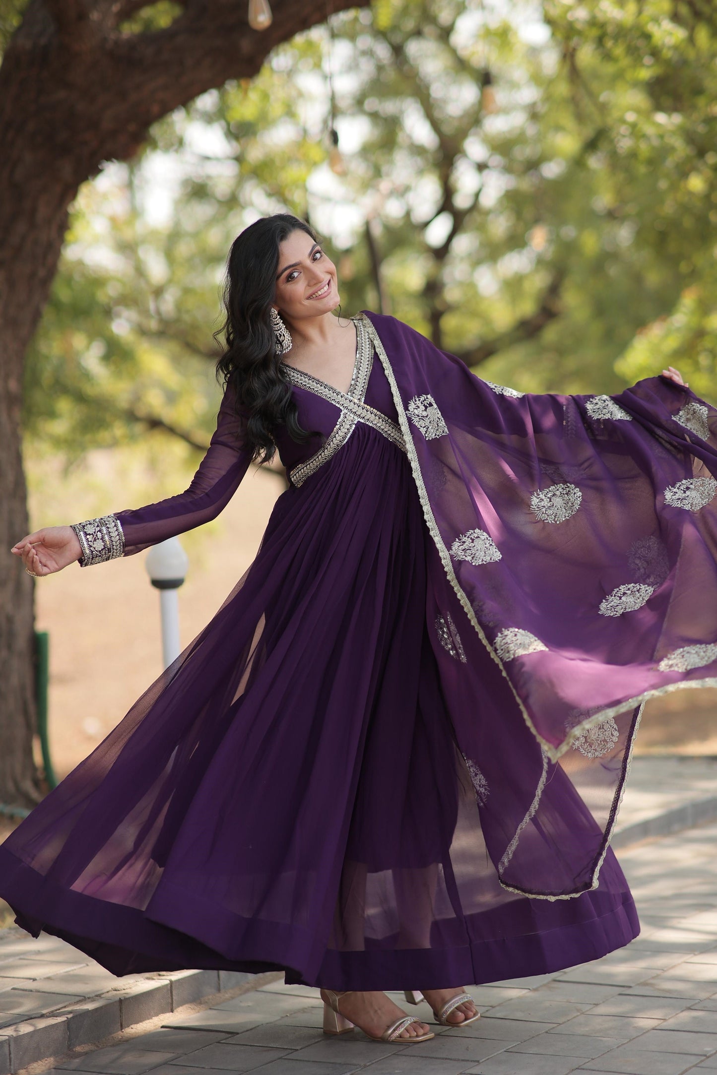 Classic Embroidery Work Maroon And Purple Color Gown