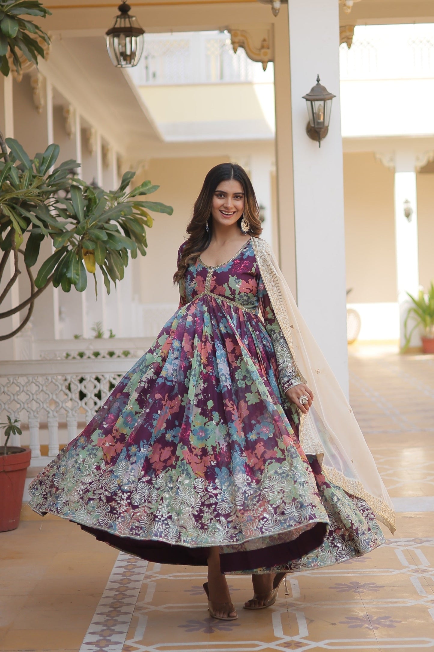 Admiring Digital printed Russian Pink And Purple Multi Color Gown