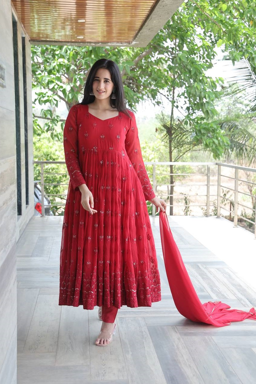 Celebrity Style Maroon Color Georgette Anarkali Suit Set