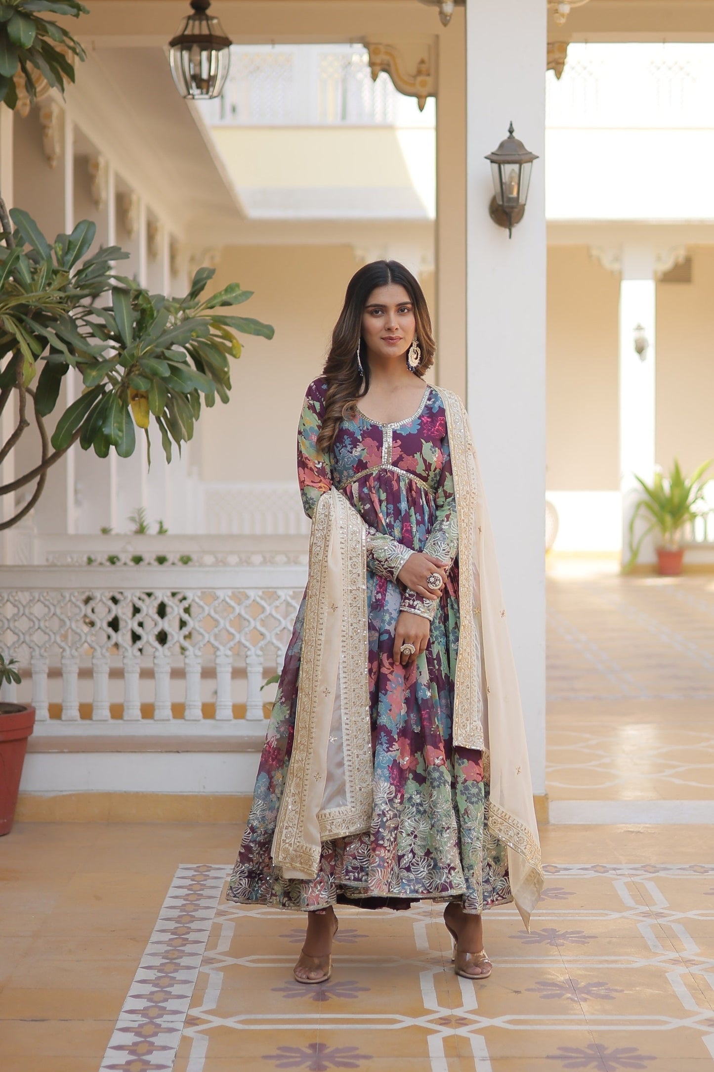 Admiring Digital printed Russian Pink And Purple Multi Color Gown