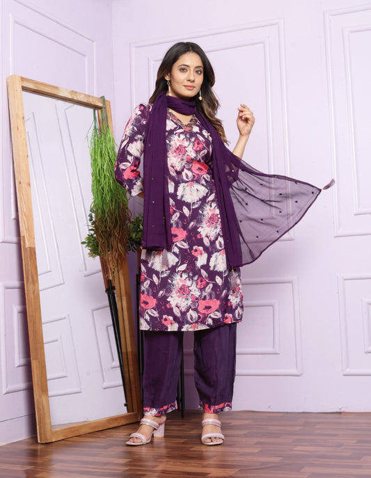 Graceful Wine Color Straight Kurti With Afghani Pent