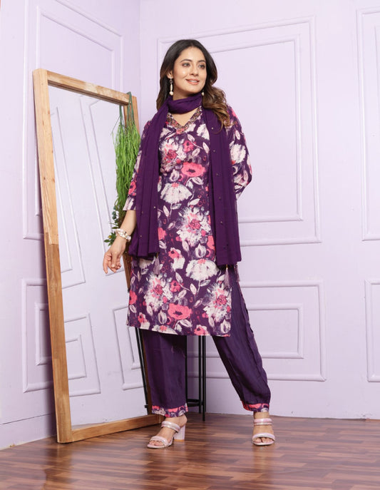 Graceful Wine Color Straight Kurti With Afghani Pent