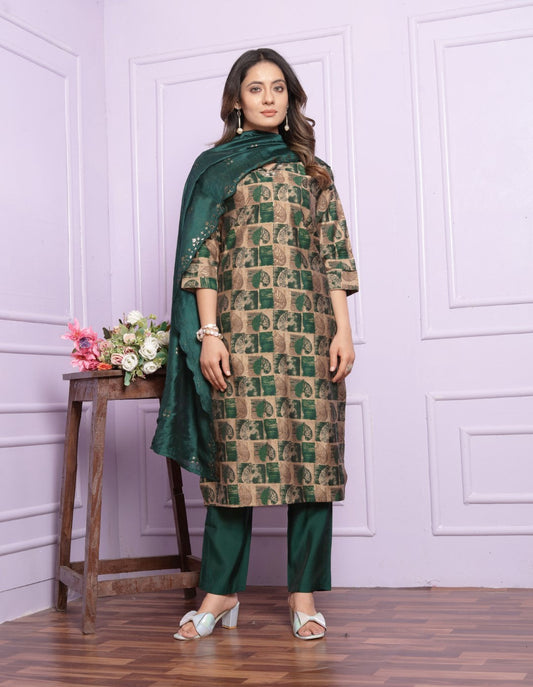 Lovely Hand Work Green Color Straight Kurti With Pent
