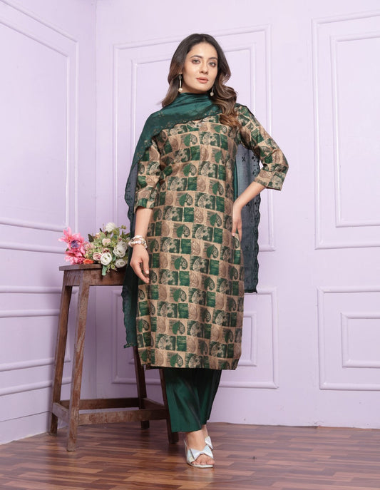 Lovely Hand Work Green Color Straight Kurti With Pent
