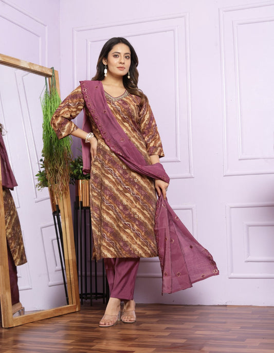 Glimmering Hand Work Brown Color Fancy Straight Kurti With Pent