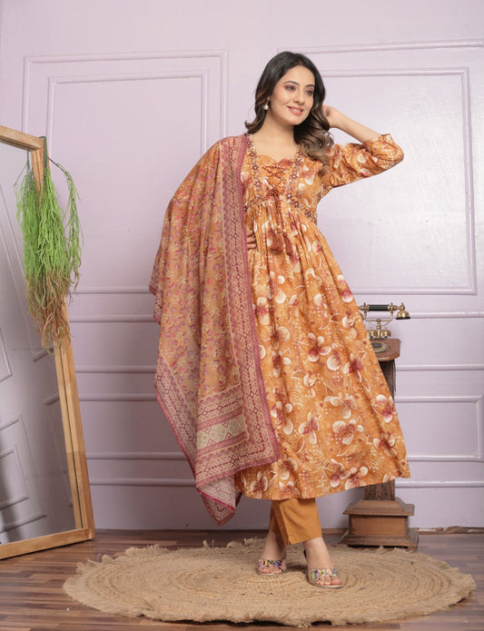 Graceful Cotton Embroidery Work Mustard Color Kurta With Pent