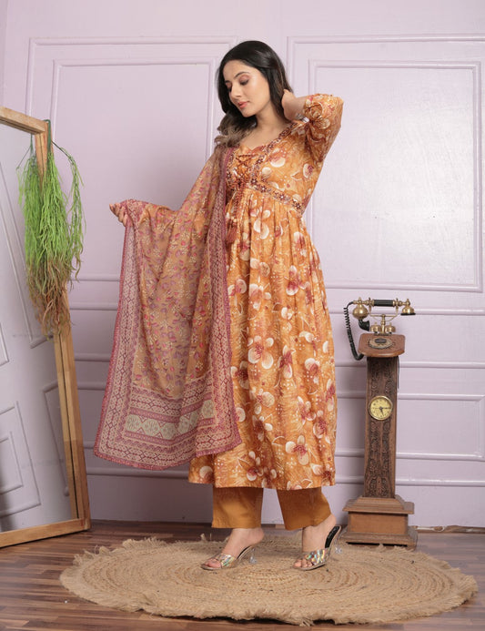 Graceful Cotton Embroidery Work Mustard Color Kurta With Pent