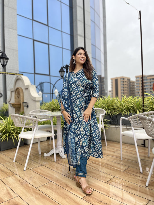 Alluring Modal Silk Blue Color Angarkha Kurti With Pent