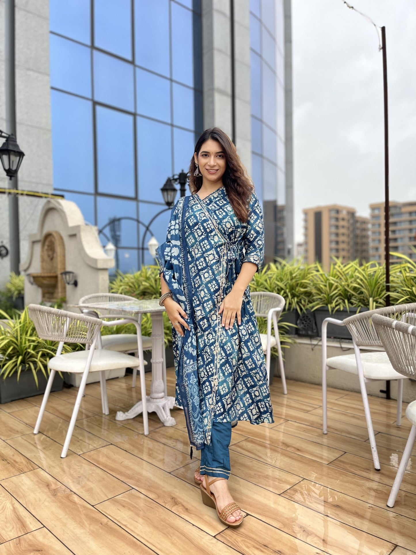 Alluring Modal Silk Blue Color Angarkha Kurti With Pent
