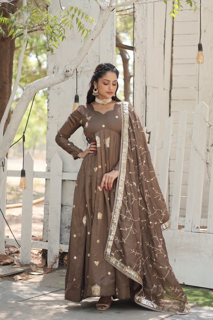Admiring Vichitra Embroidered Work Purple & Beige Color Gown