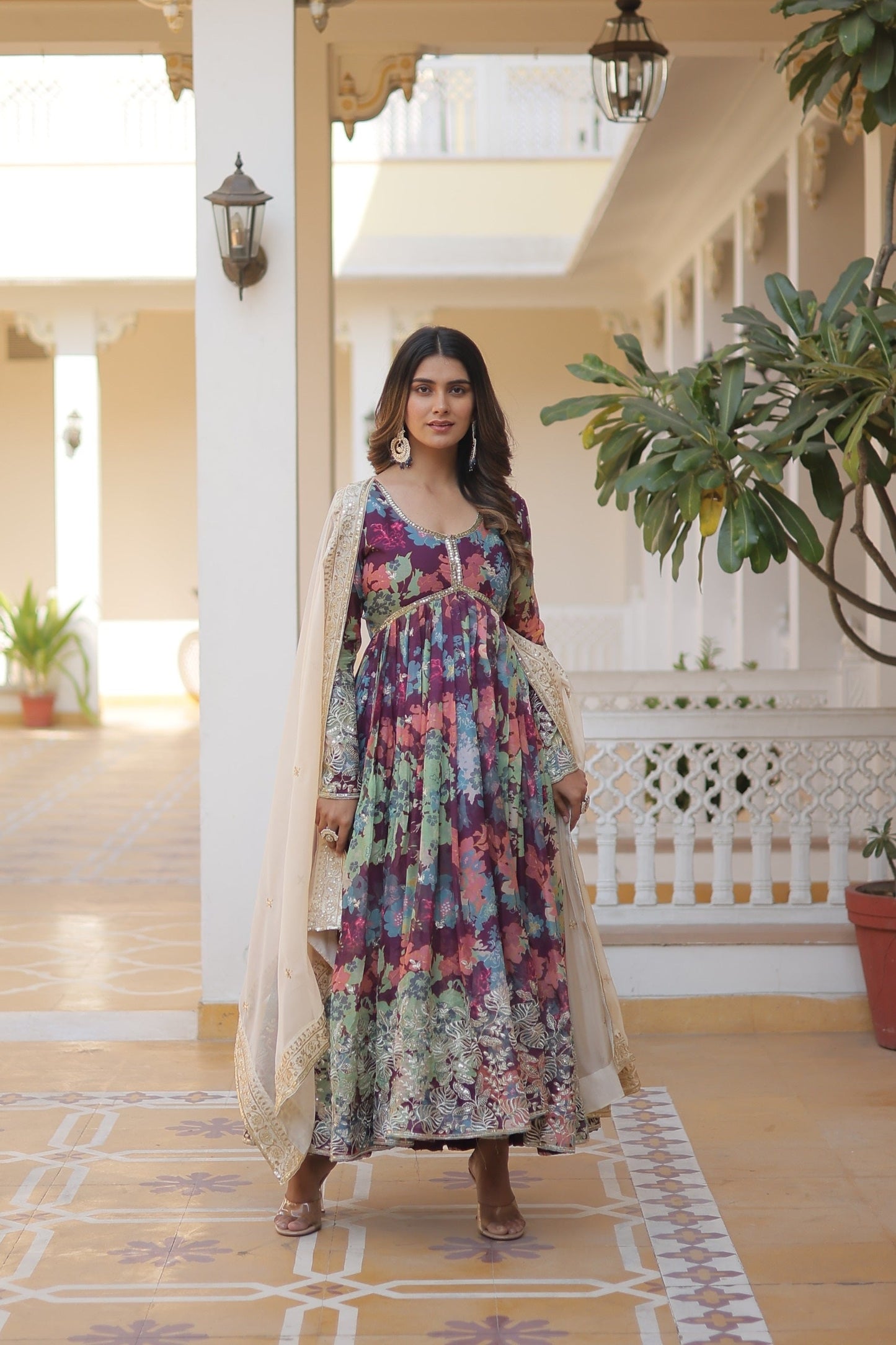 Admiring Digital printed Russian Pink And Purple Multi Color Gown