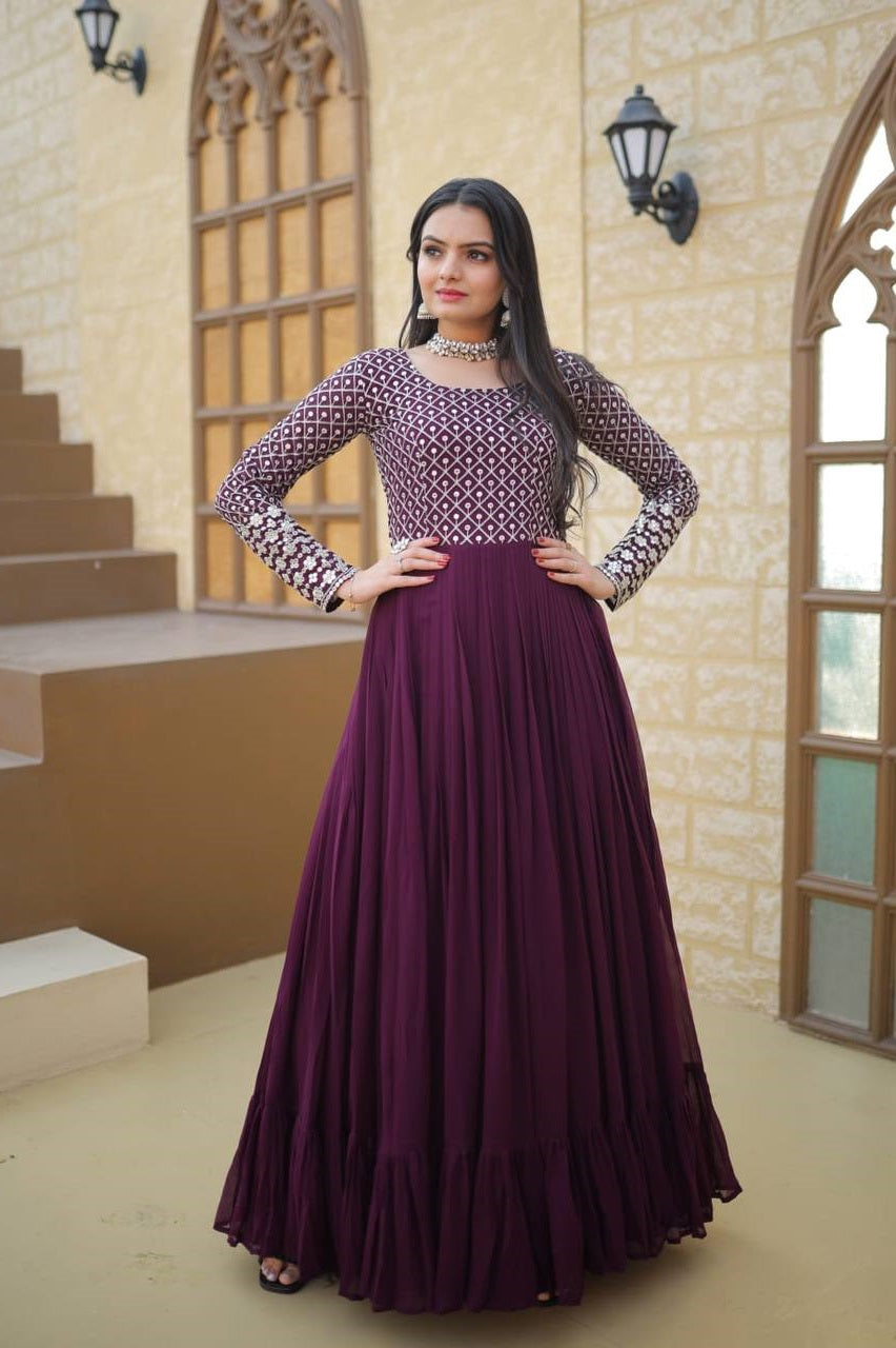 Peaceful Embroidered Work Wine, Yellow & Pink Color Gown