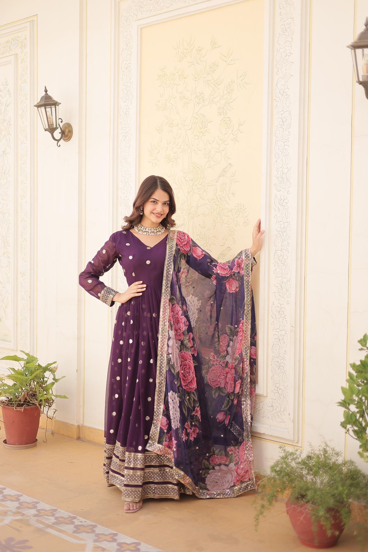 Function Wear Purple, Yellow And Pink Color Faux Georgette Gown