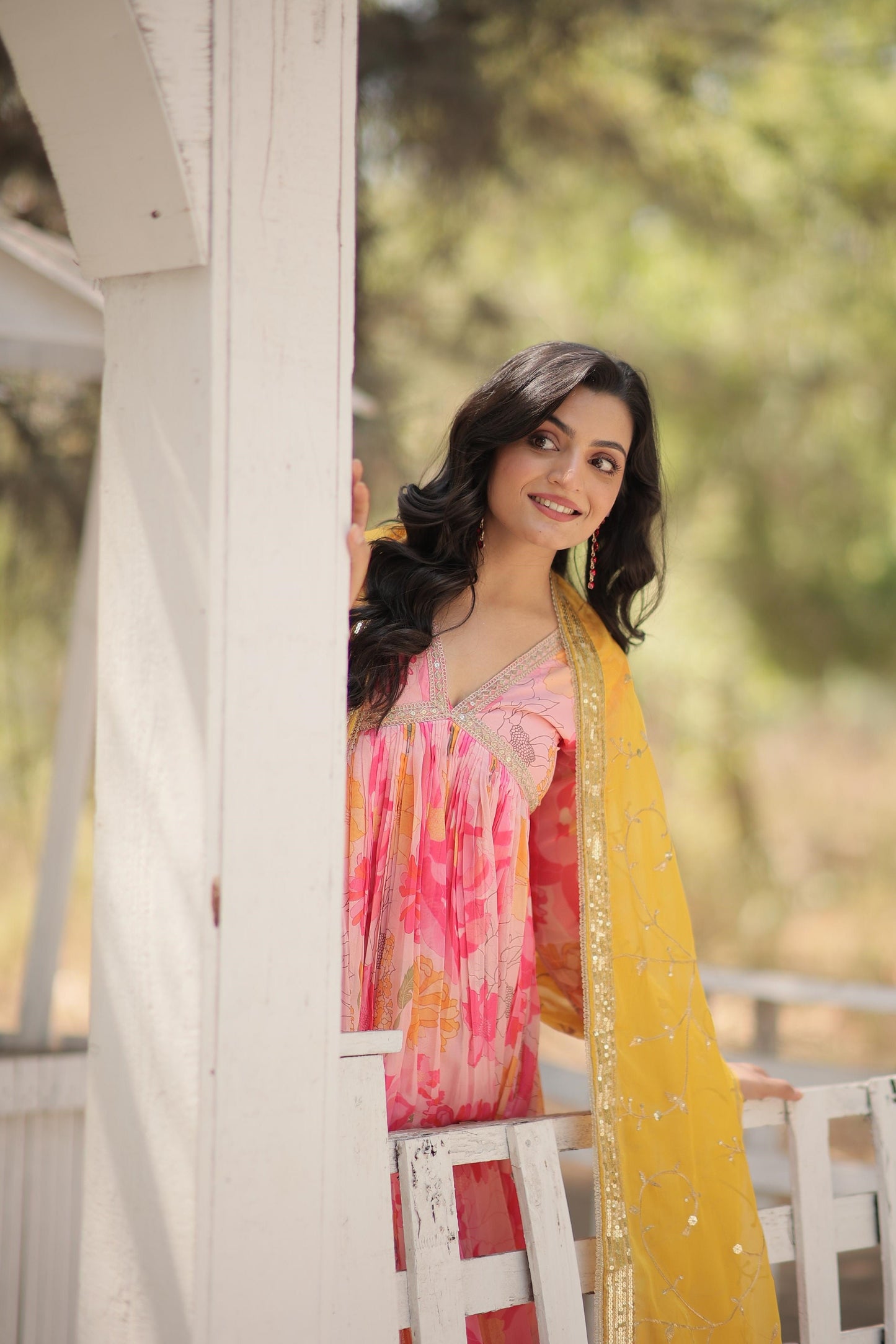 Festive Wear V Neck Pink And Sky Color Gown Contrast Dupatta