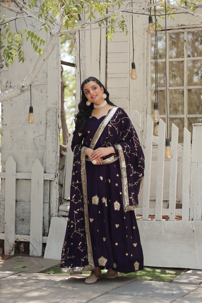 Admiring Vichitra Embroidered Work Purple & Beige Color Gown