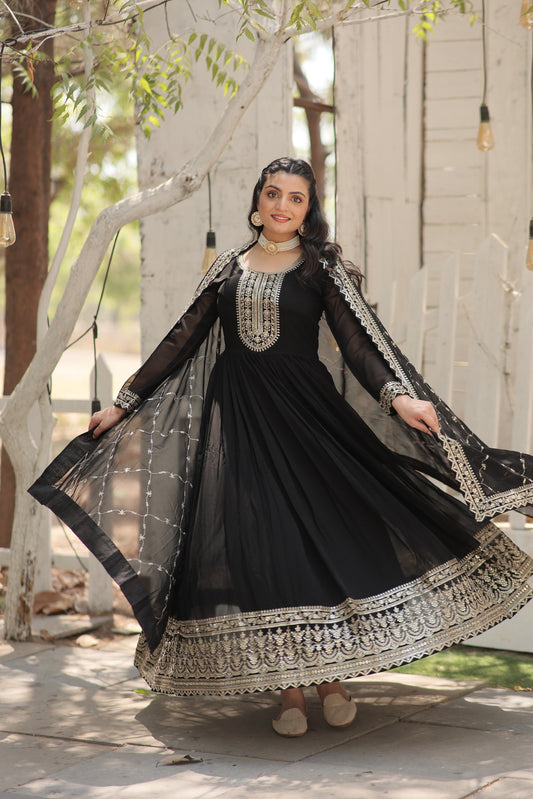 Ravishing Embroidered Work Black & Purple Color Gown