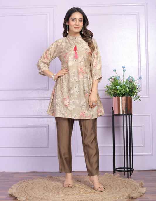 Mesmerizing Modal Silk Beige Color Fancy Tunic With Pent