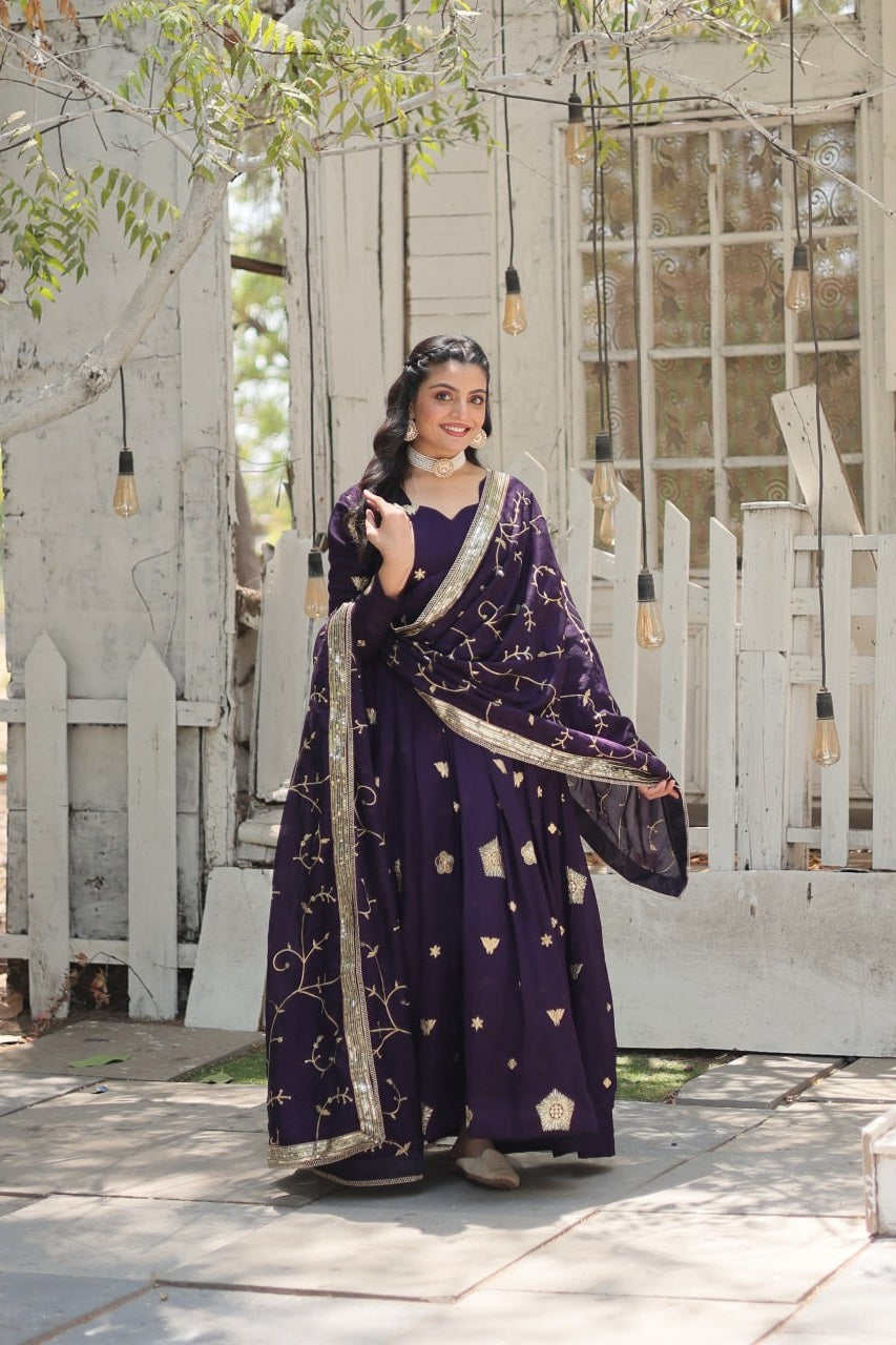 Admiring Vichitra Embroidered Work Purple & Beige Color Gown