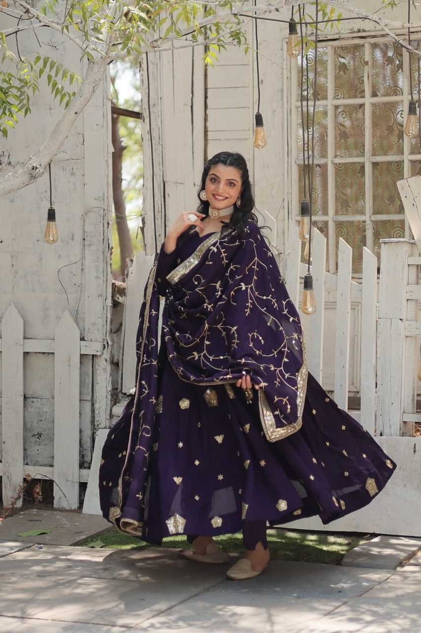 Admiring Vichitra Embroidered Work Purple & Beige Color Gown