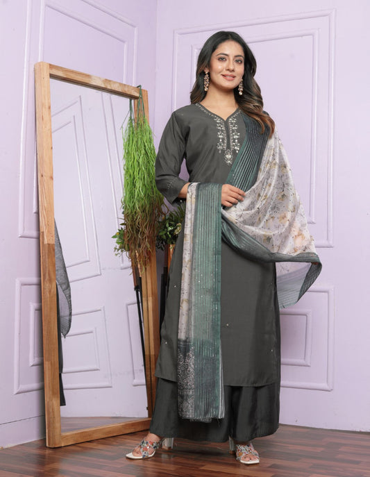Unique Roman Silk Grey Color Fancy Neck Kurti With Plazzo