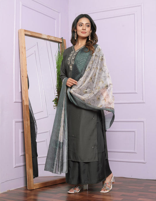 Unique Roman Silk Grey Color Fancy Neck Kurti With Plazzo