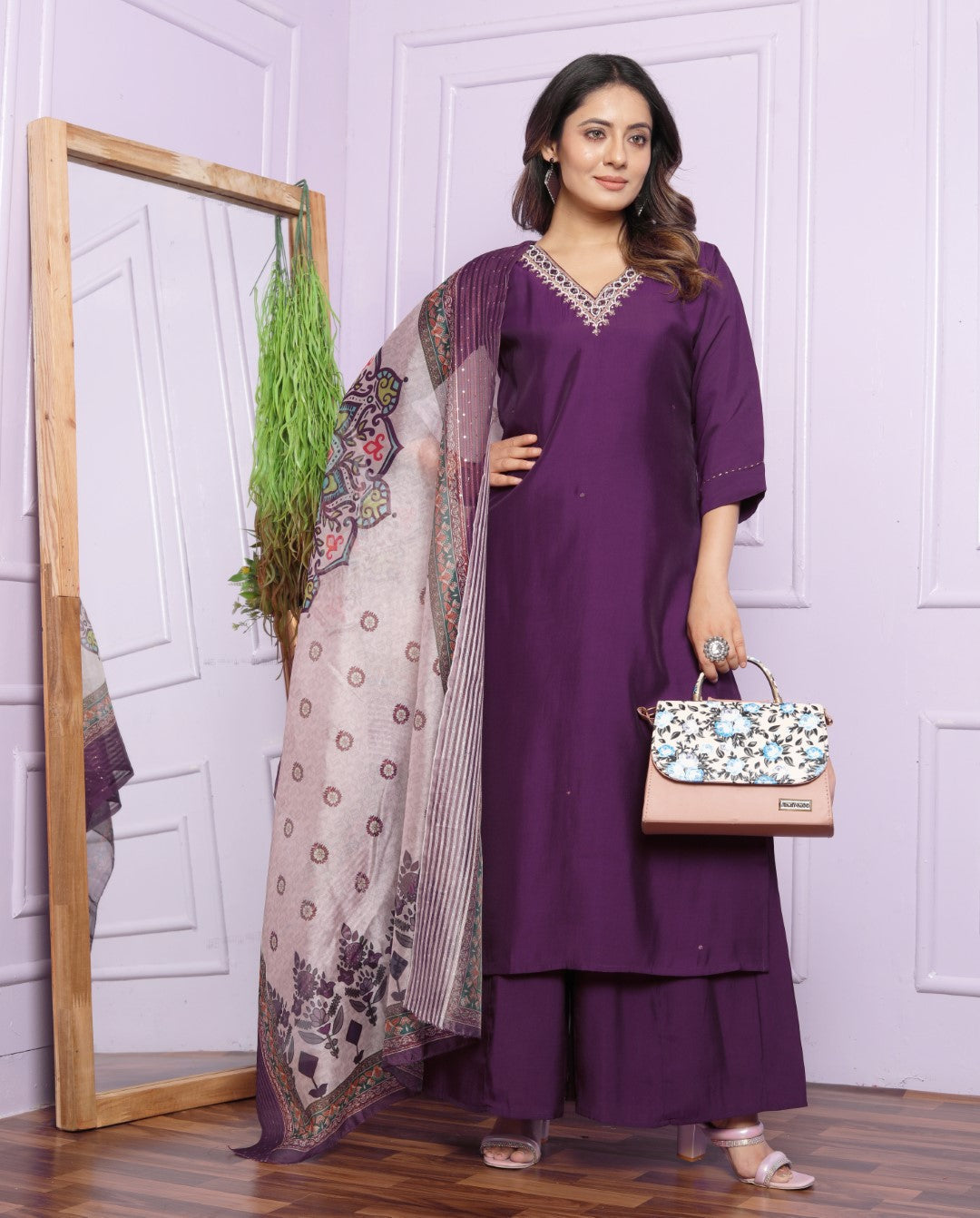 Decent Roman Silk Wine Color Kurti With Divider Plazzo