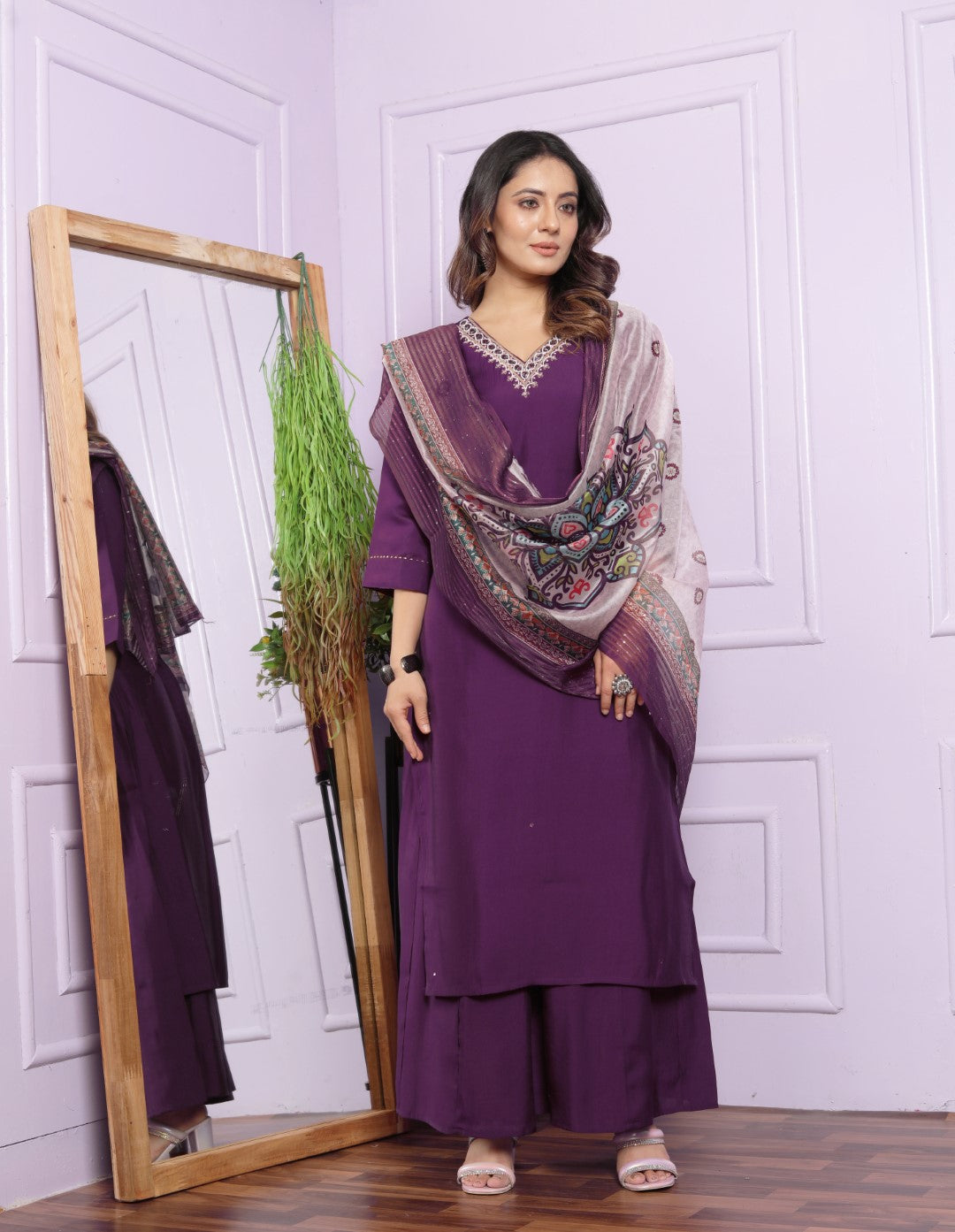 Decent Roman Silk Wine Color Kurti With Divider Plazzo
