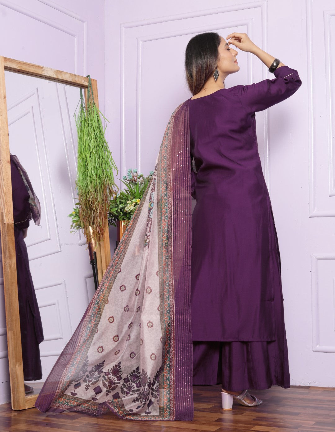 Decent Roman Silk Wine Color Kurti With Divider Plazzo