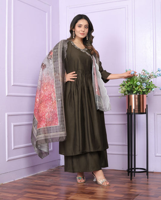 Graceful Viscose Slub Angarkha Neck Brown Color Kurti With Plazzo
