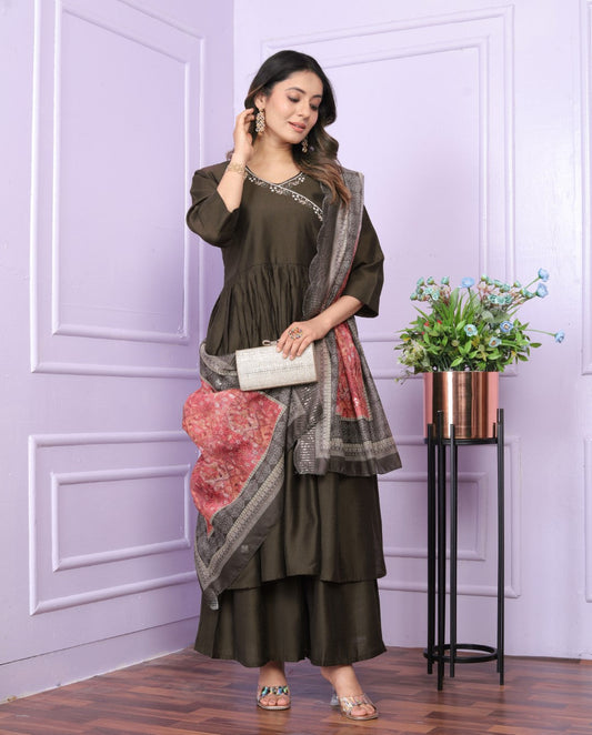 Graceful Viscose Slub Angarkha Neck Brown Color Kurti With Plazzo