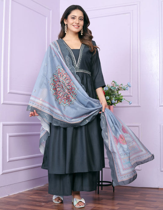 Wonderful Viscose Slub Hand Work Blue Color Kurti With Plazzo