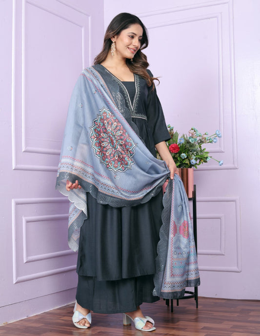Wonderful Viscose Slub Hand Work Blue Color Kurti With Plazzo