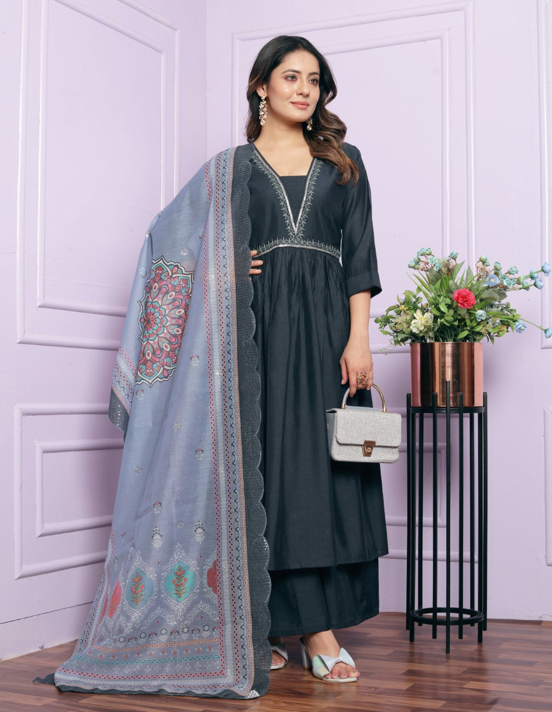 Wonderful Viscose Slub Hand Work Blue Color Kurti With Plazzo