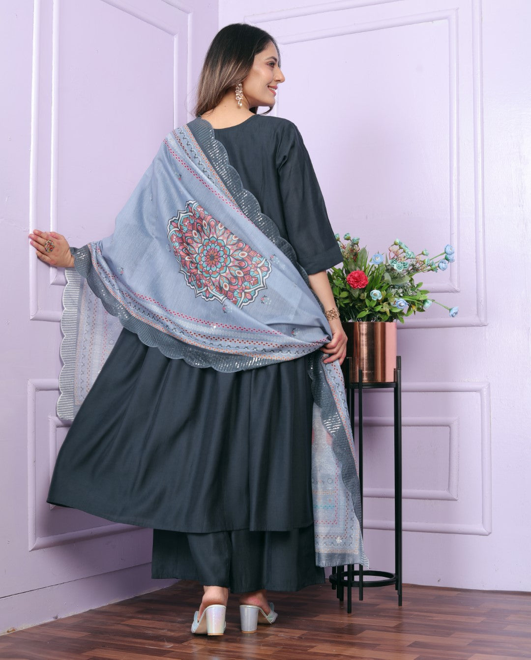 Wonderful Viscose Slub Hand Work Blue Color Kurti With Plazzo