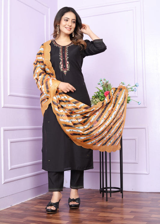 Opulent Black Color Roman Silk Salwar Kurta Set