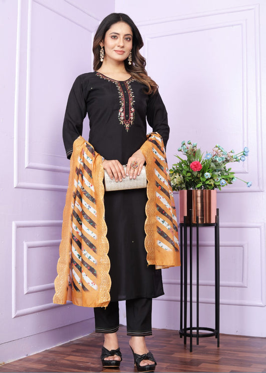 Opulent Black Color Roman Silk Salwar Kurta Set