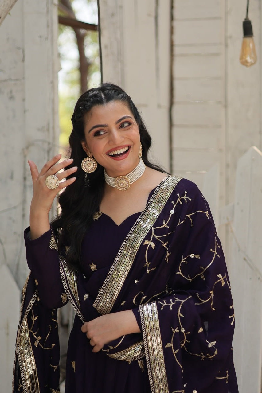Admiring Vichitra Embroidered Work Purple & Beige Color Gown