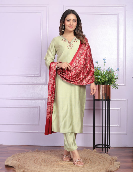 Presenting Pista Color Soft Morni Silk Kurta Set