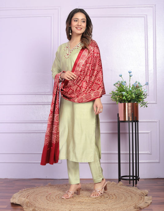 Presenting Pista Color Soft Morni Silk Kurta Set